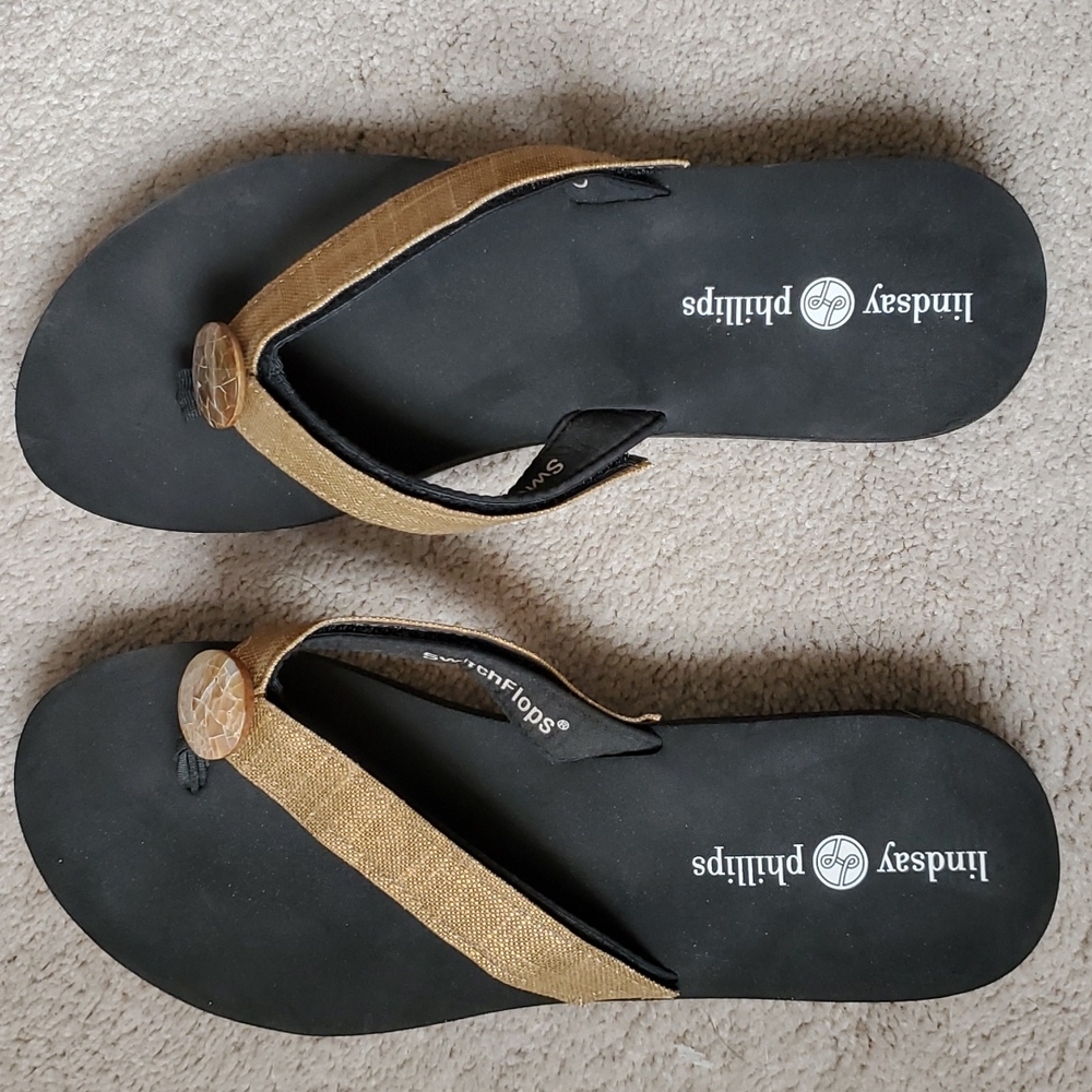 Lindsay Phillips women's sandals, Size 11, gold straps w/ mother od pearl button